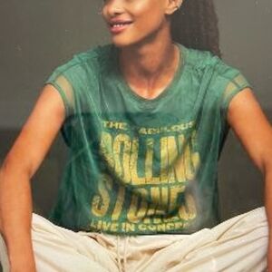 ANTHROPOLOGIE Pilcro Rolling Stones Tulle Slub Collectible Tee  Green NWT RARE S